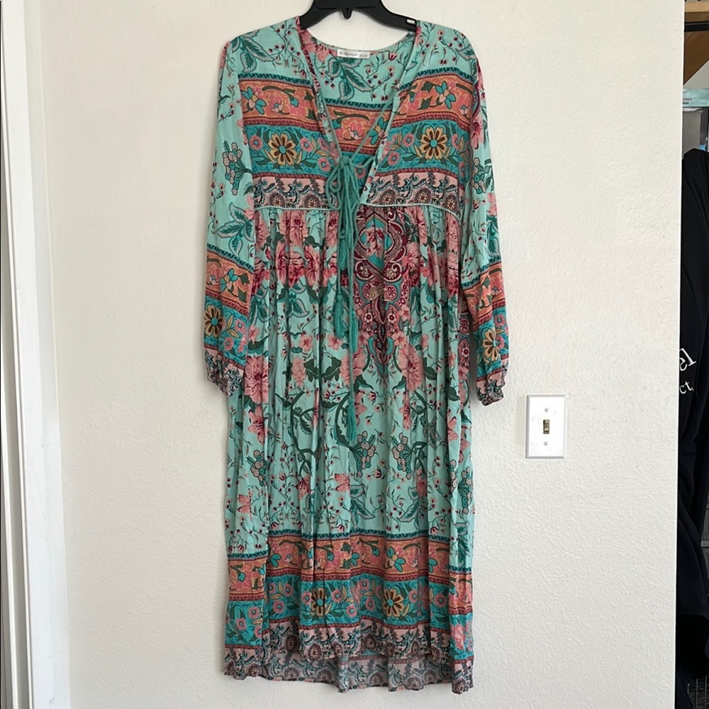 Floral Bohemian Midi Dress - Green and Pink